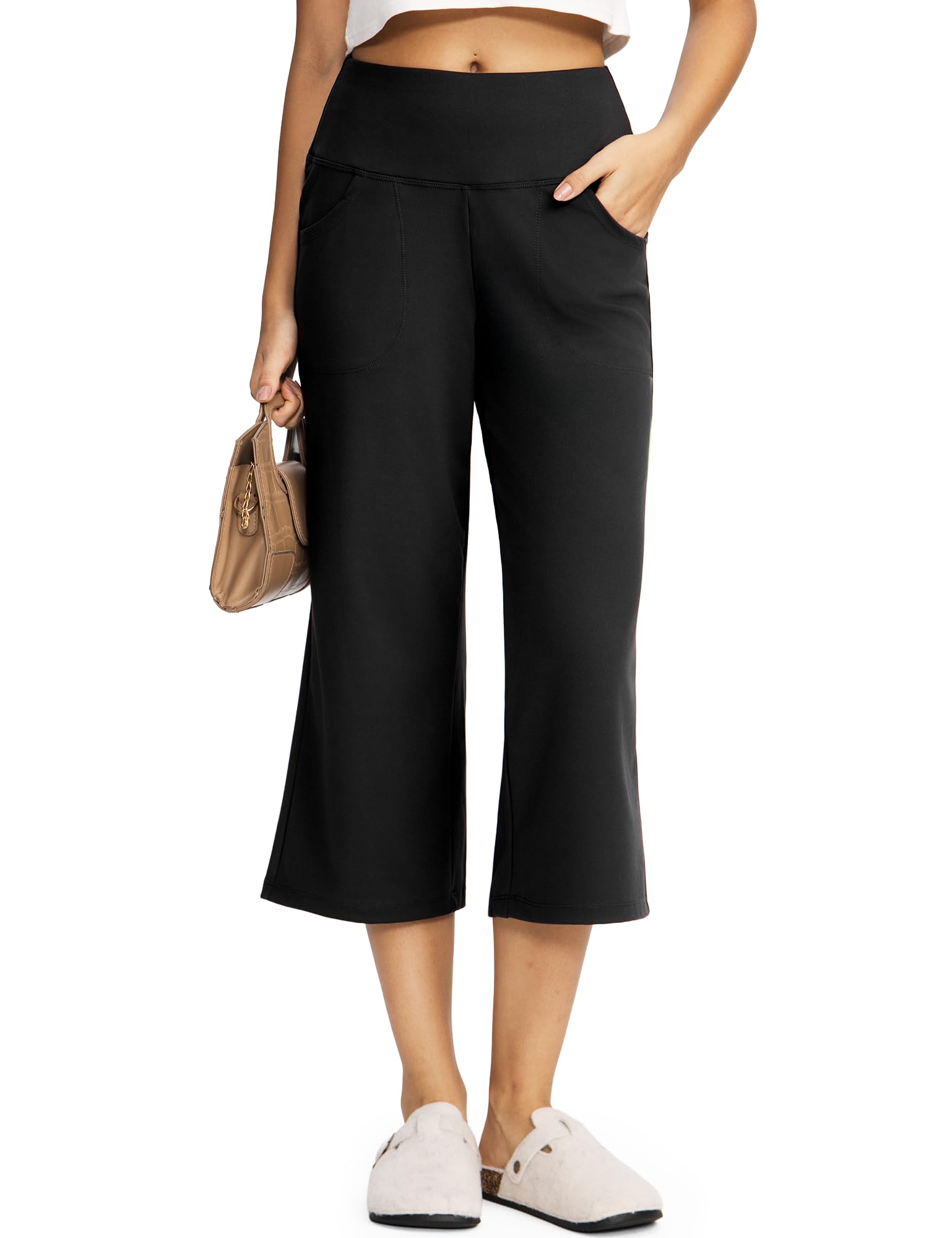 Yogaration Wide Leg Capri Pants for Women with Pockets, High Waist Cropped Pants for Summer, Non-See-Through 7/8 Lounge Pants