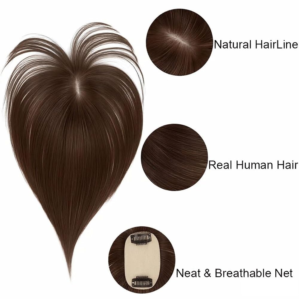 5x9cm Basis-Haarteile, Echthaar-Topper for Damen mit Pony for dünner werdendes Haar Flauschigs und Natürlich(Light Brown,8inch)