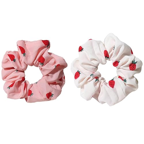 2Pcs Pink & White Strawberry Print Satin Hair Scrunchies