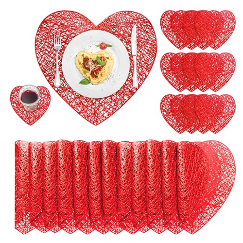 12Sets Valentines Day Red Love Heart Placemats, Placemats and Matching