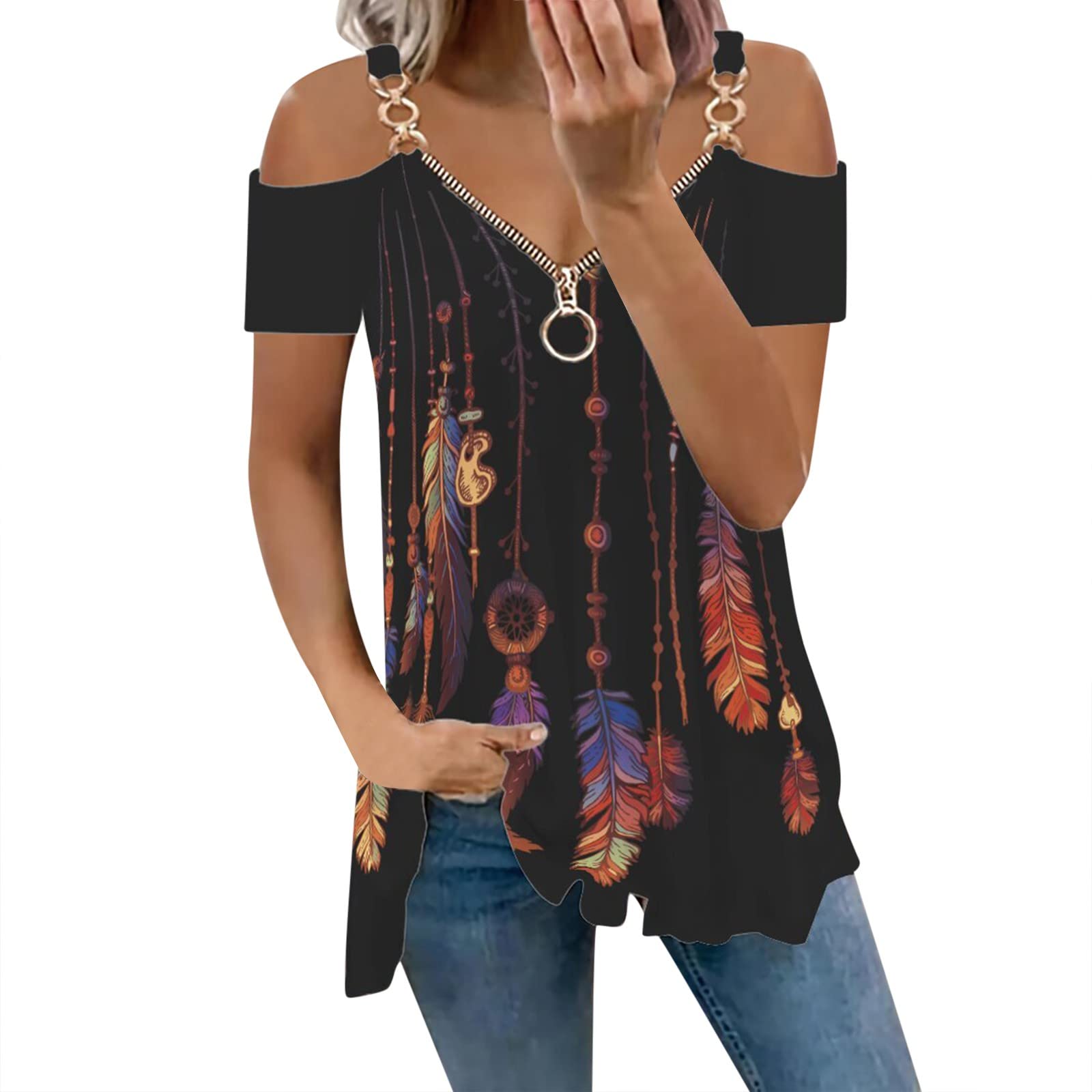 YOGALULU Camisetas La De Papel Mujer Blusa Informal de Manga Corta con Cuello en V y Cremallera para Mujer Camisetas Manga Larga Encaje