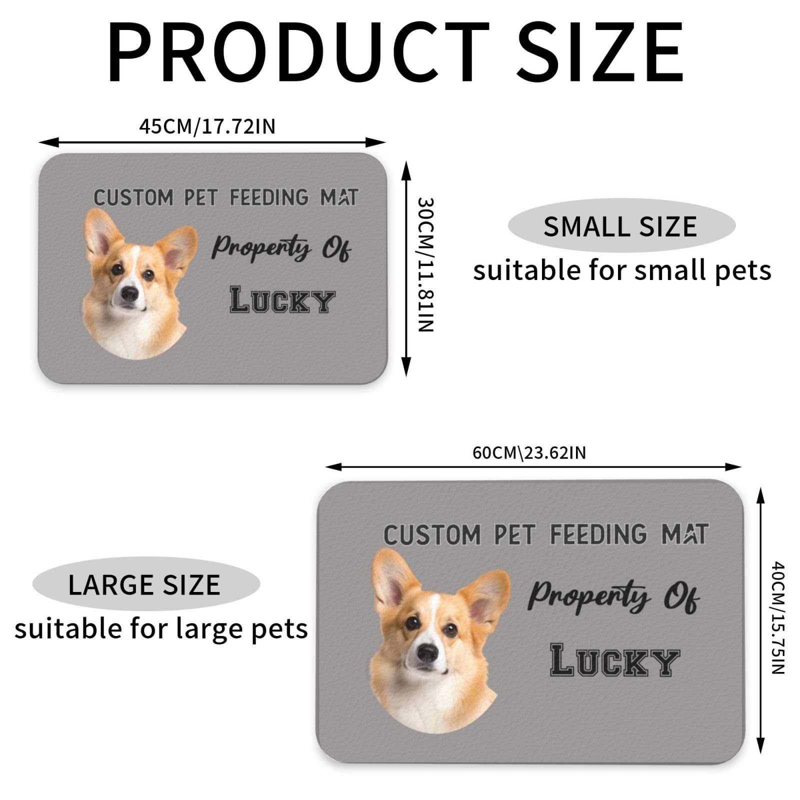 Tappetino per l'alimentazione degli animali domestici, tappetino personalizzabile per cibo per cani e gatti con foto e testo del nome, in pelle PU assorbente con retro in gomma antiscivolo