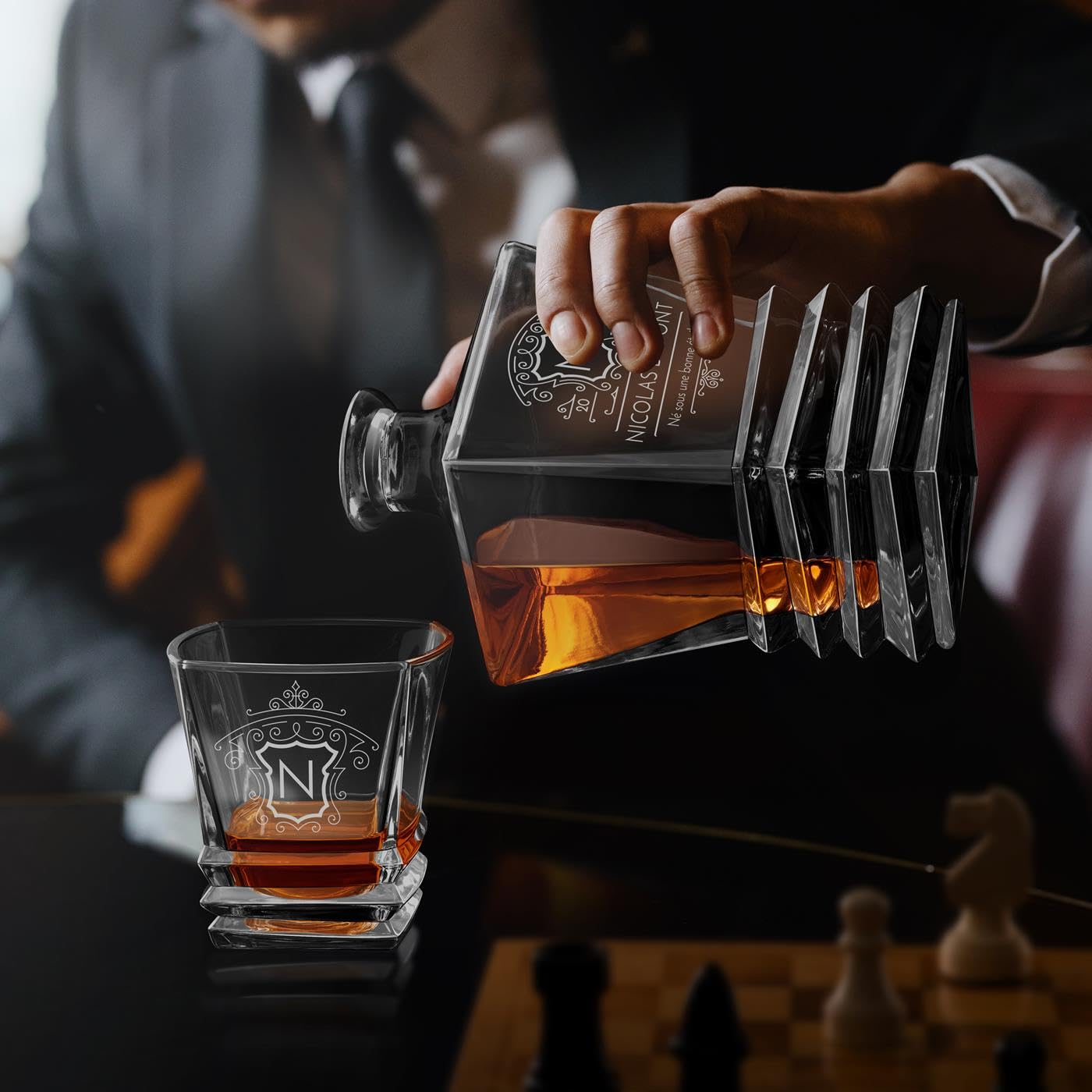 Maverton Décanteur à whisky avec 6 verres pour homme, Motif géométrique