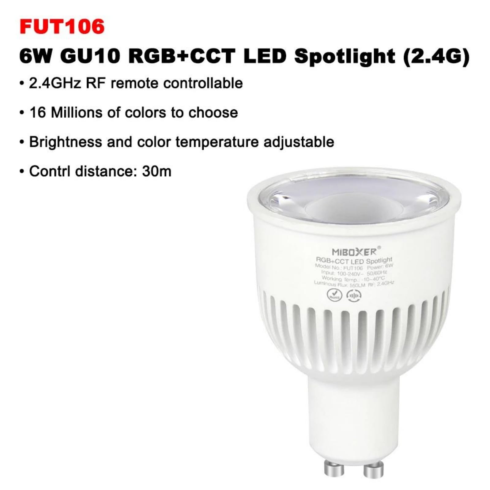 Ampoule Intelligente, FUT106 AC100-240V 6W GU10 Intelligente 2,4Ghz TUYA RGB CCT Température De Couleur/Luminosité Réglable Application Contrôle Vocal,2pcs