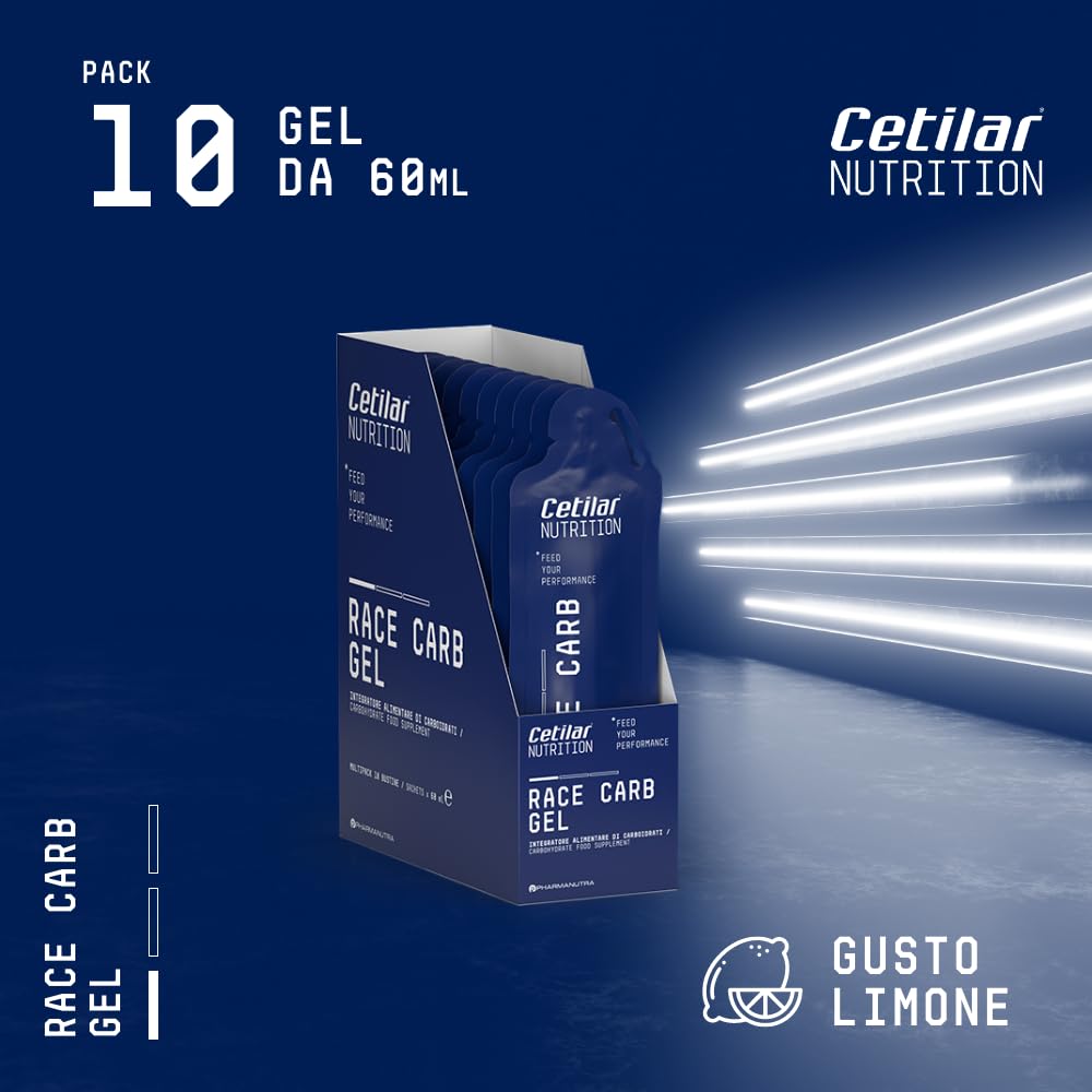 Race Carb Gel, Integratore di carboidrati (40g), rapporto tra maltodestrine e fruttosio di 1:0,8, Per Sport a media-alta intensità, 10 Gel da 60ml, Sapore agrumato, Cetilar Nutrition