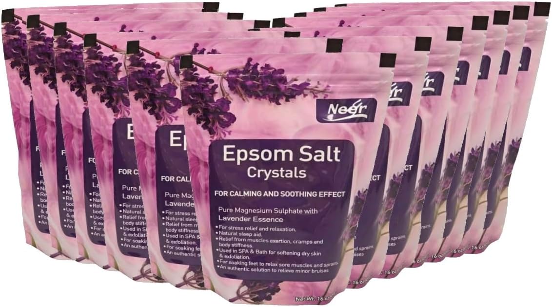 Epsom Salt Crystals Soak, Pure Magnesium Sulfate Calming and Soothing Effect,Lavender, 12LB(1Pound x 12Pack)