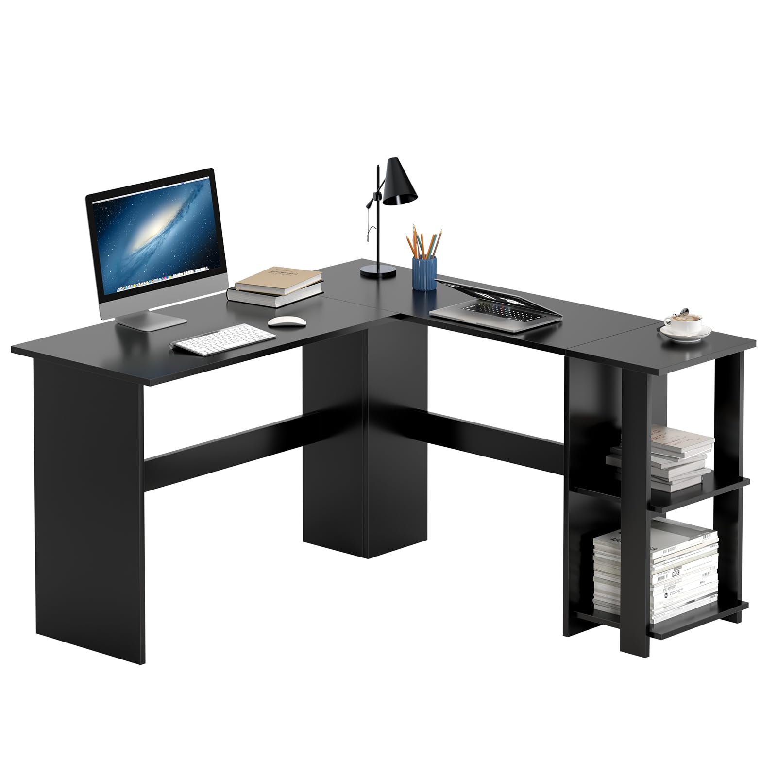SogesHome Scrivania Angolare grande con 2 Ripiani Scrivania per Computer a Forma L Tavolo PC Robusto Postazione di Lavoro per Casa Ufficio Studio,130 cm x 136 cm