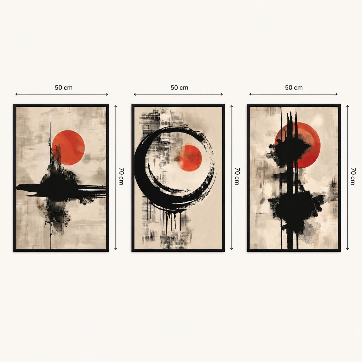 DekoArte - Cuadros decoración salón modernos zen 50x70 cm x3 con marco | Set 3 cuadros con marco negro, impresión abstracta estilo japones en tonos negros, rojos y beige, listos para colgar