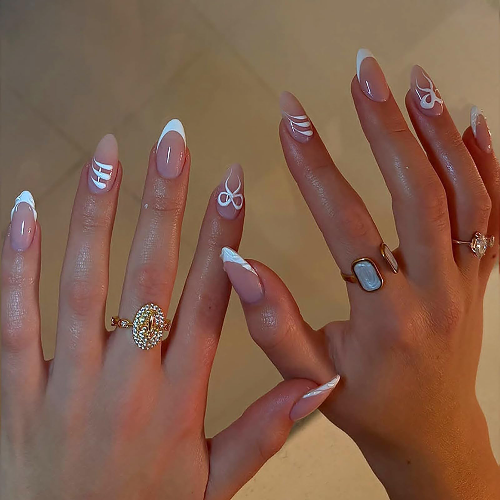24Pcs False Nails French Tip - 3D Press on Nails Almond - Bow Tie Fake nails with Glue - 12 Sizes French Manicure Stick on Nails - Reusable & Removable Glue and nail Tips for Women DIY Nail Art Home