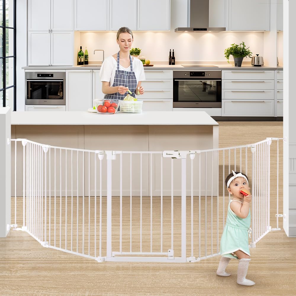 COMOMY 127.8" Extra Wide Baby Gate, Dog Gate for House Stairs Doorways Fireplace, Auto Close Pet Gate with Door Walk Through, 5 Metal Panels, Hardware Mounted Baby Fence Indoor Outdoor(30" Tall,White) 30"Tall 127.8" Wide White