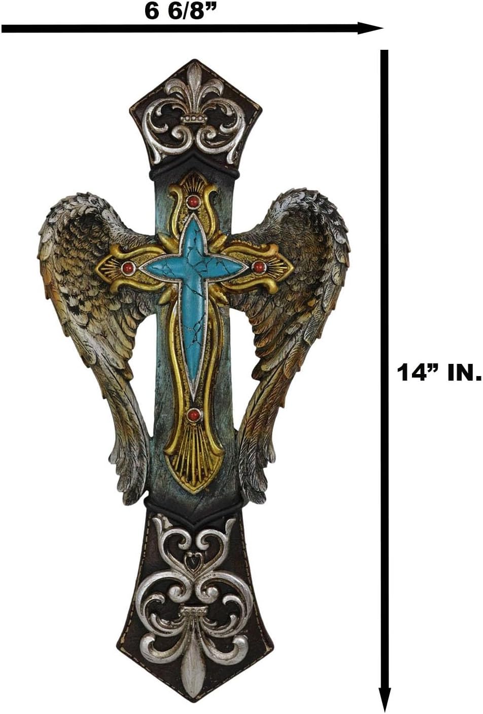 Ebros Gift Rustic Southwest Fleur De Lis Silver Scroll Angel Wings Turquoise Stone Wall Cross Decor Plaque 14" H Christian Inspirational Accent Decorative Crosses