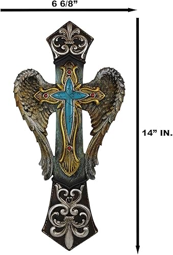 Vista 2 de Ebros Gift Rústico Southwest Fleur De Lis Silver Scroll Angel Wings Turquesa Piedra Cruz Decoración Placa de 14 pulgadas de alto Cristiano