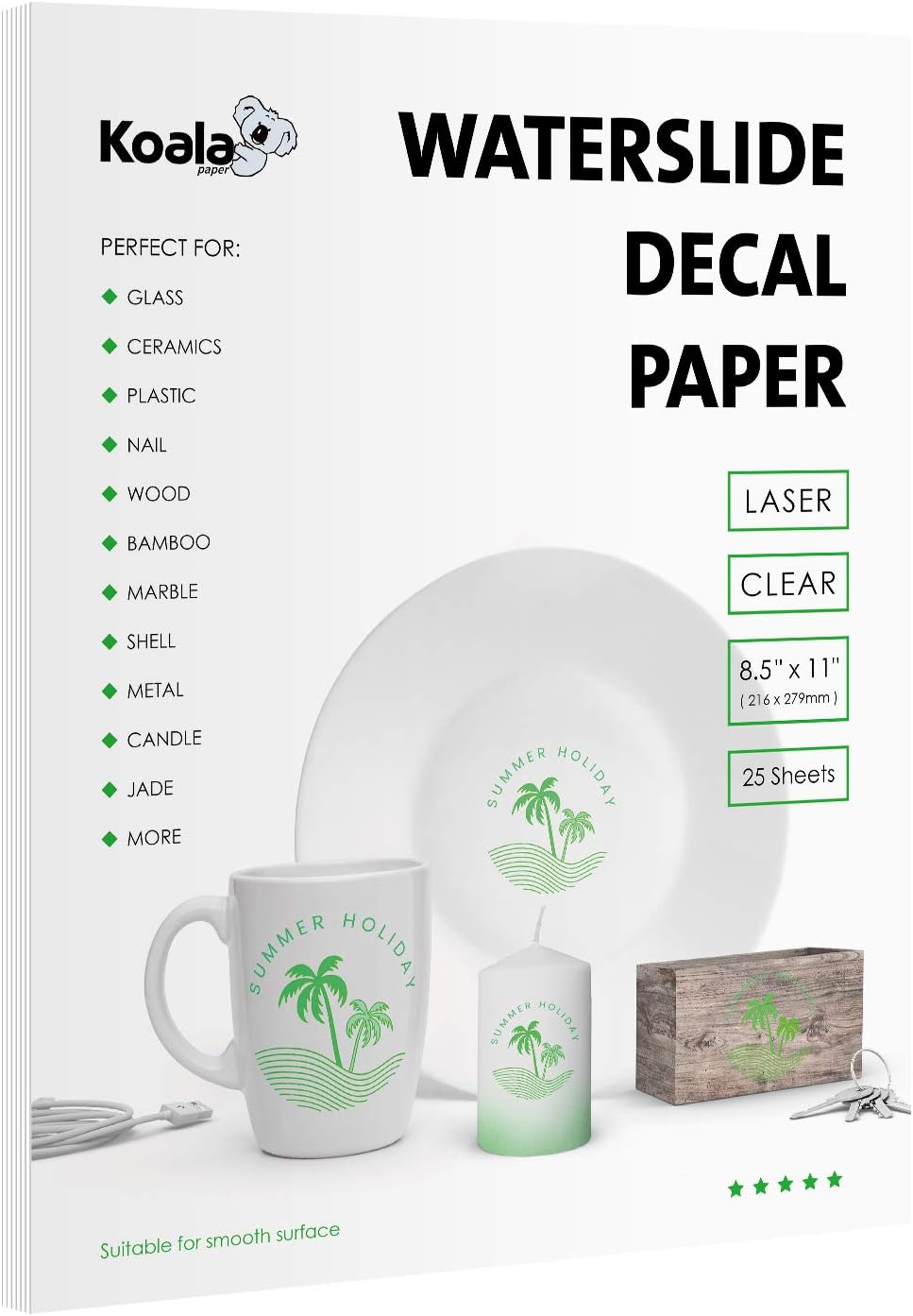 Koala Waterslide Decal Paper for Laser Printer - Clear Transparent - 25 Sheets Printable Water Slide Transfer Paper - 8.5x11 Inches