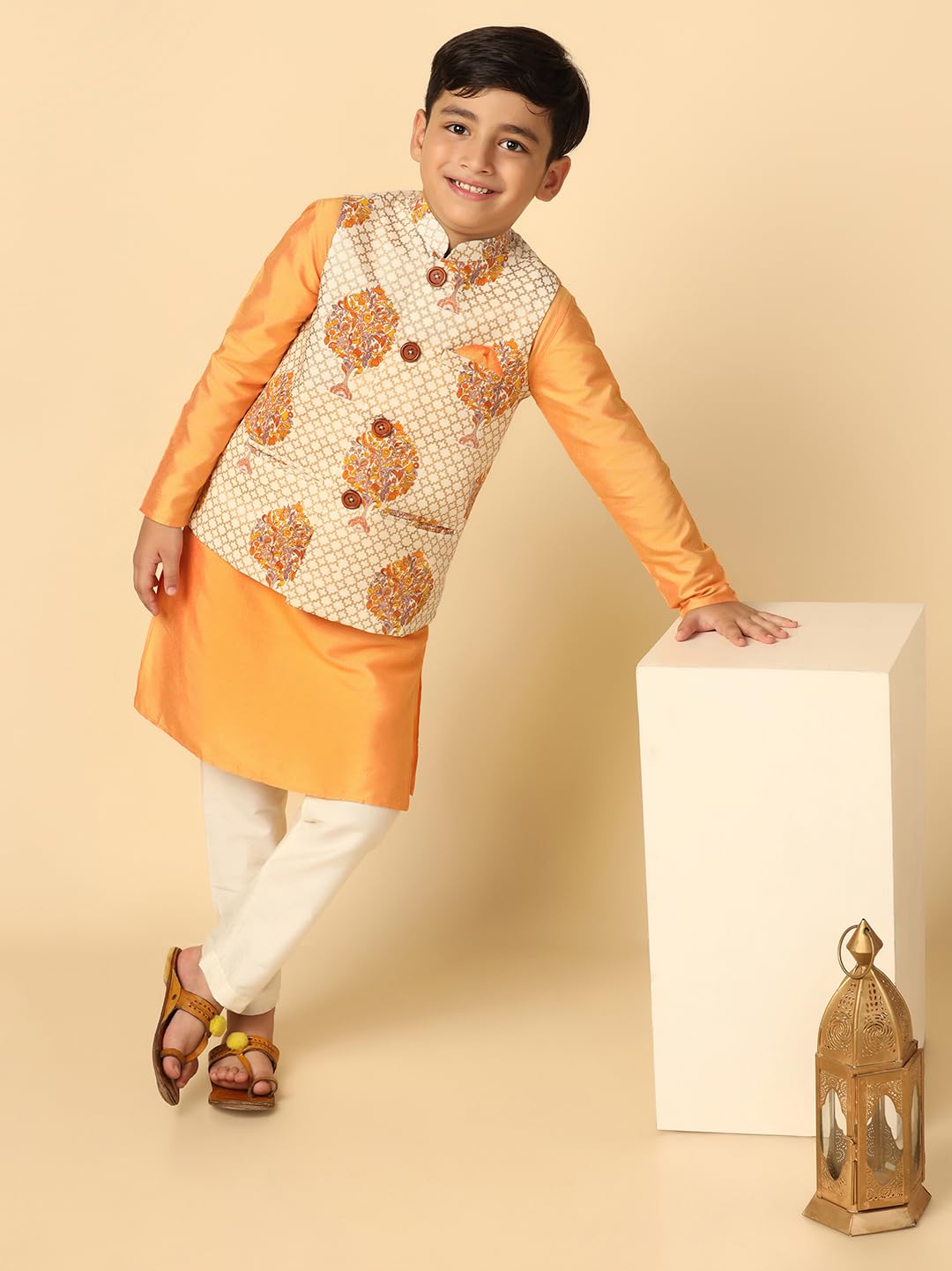 KISAH Boy's Cotton Blend Regular Fit Printed Off White Nehru Jacket|3-4 Years 3