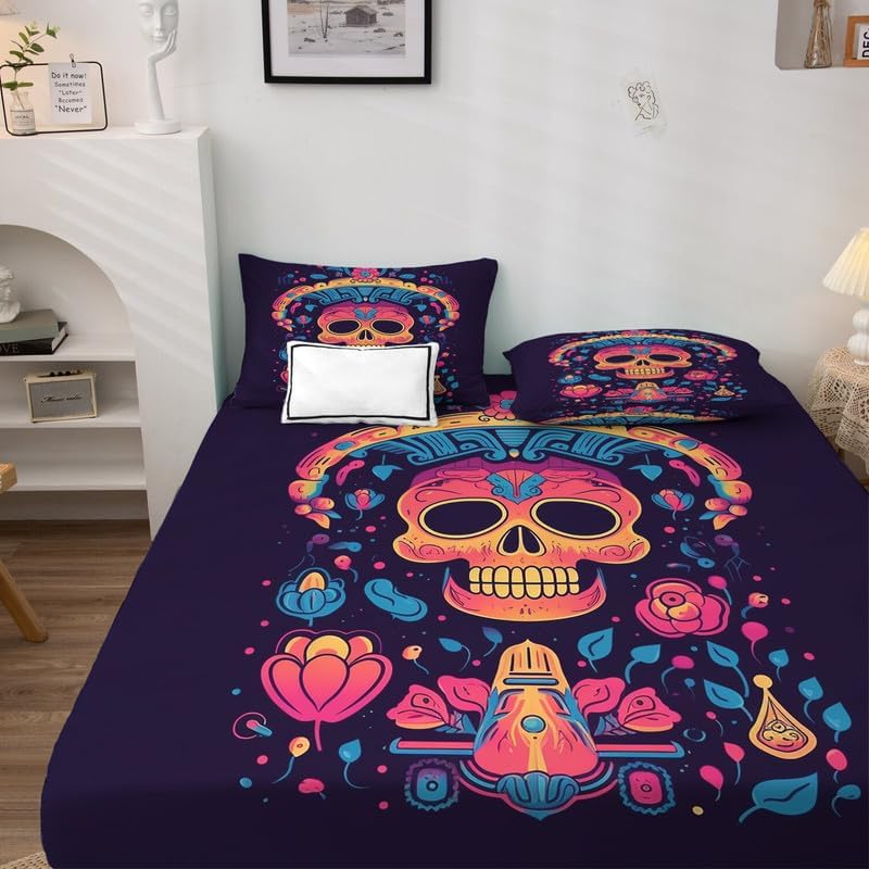 Miniatura 3 de Juego de sábanas tamaño King Sábanas de cama de calavera de azúcar, sábanas y fundas de almohada, bolsillo suave y profundo y sin arrugas, 1 sábana