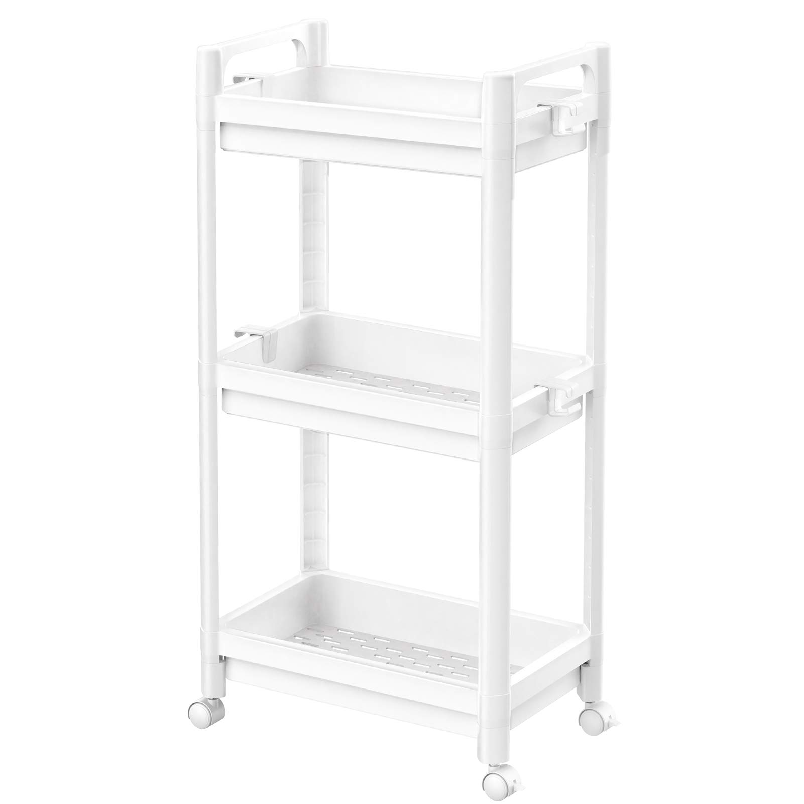 Ronlap 3 Tier Classic Rolling Storage Cart, Plastic Narrow Rolling Utility Cart with Handle, Slide Out Slim Storage Organizer Shelving for Kitchen Bathroom Laundry Room, White