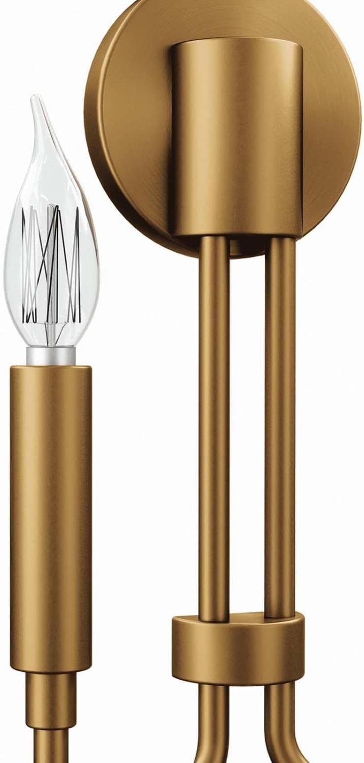 Pemberly Row Modern 2-Light Iron Metal Wall Sconce, Satin Brass Finish, 12.5" H x 9" W x 3.5" D, Damp Rated, Mid-Century Minimalist Style for Living Room, Bathroom, Hallway, or Entryway