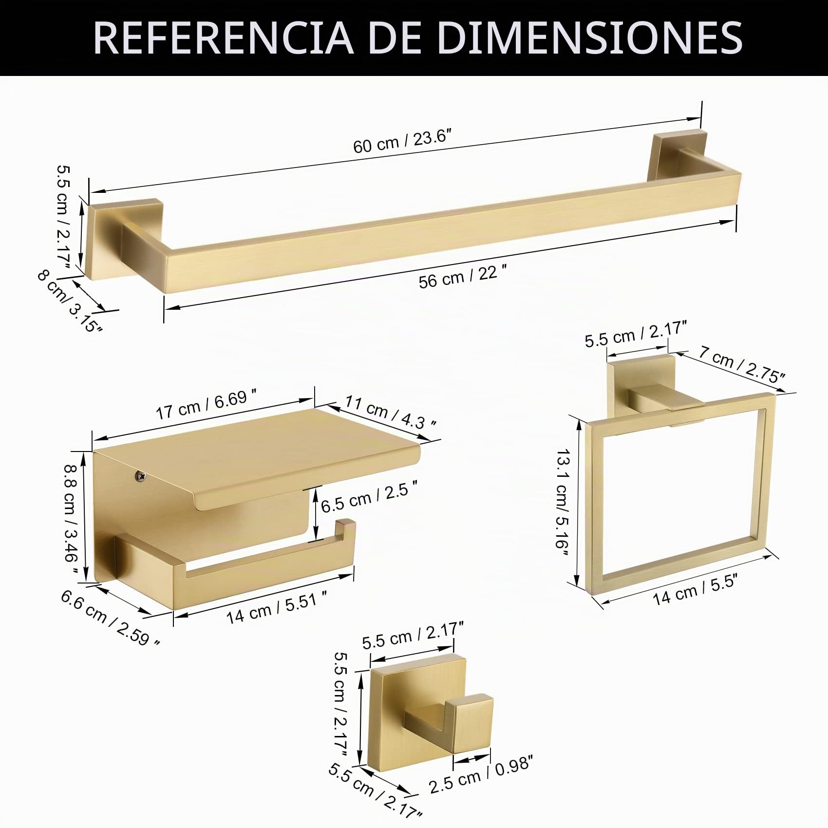 Juego de 5 Piezas de Accesorios de baño de 23.6 Pulgadas, Barra de Toalla Dorada, toallero, Anillo de Toalla, Gancho y Soporte para Papel higiénico con Estante montado en la Pared, Juego de