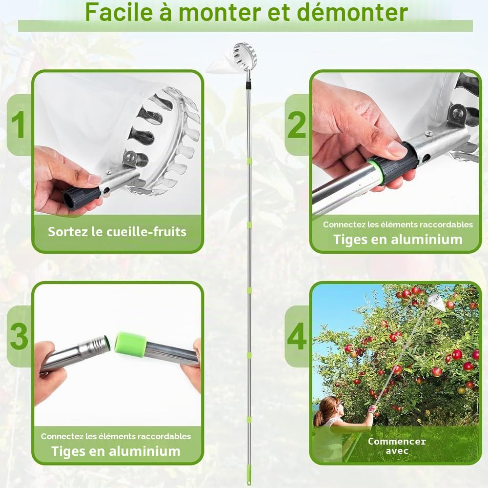 Anyingkai Cueille Fruit telescopique,Ramasse Pomme,Cueilleur de Fruits Amovible,Ramasse Noisette,Cueille Cerise,Ramasse Pomme, Outil Cueillette Jardin Arbre Poires Pêches cueille Fruit(4.2m)