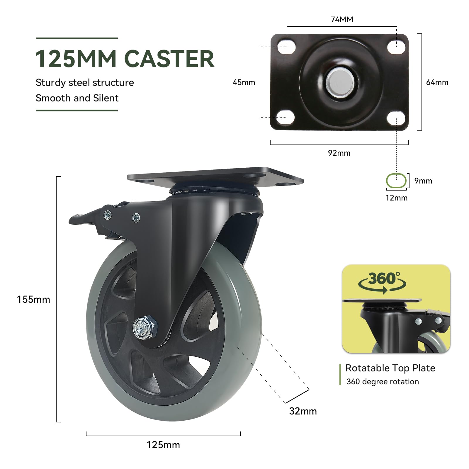 RRIUTO 125 mm meubels zwenkwielen met remmen, zware