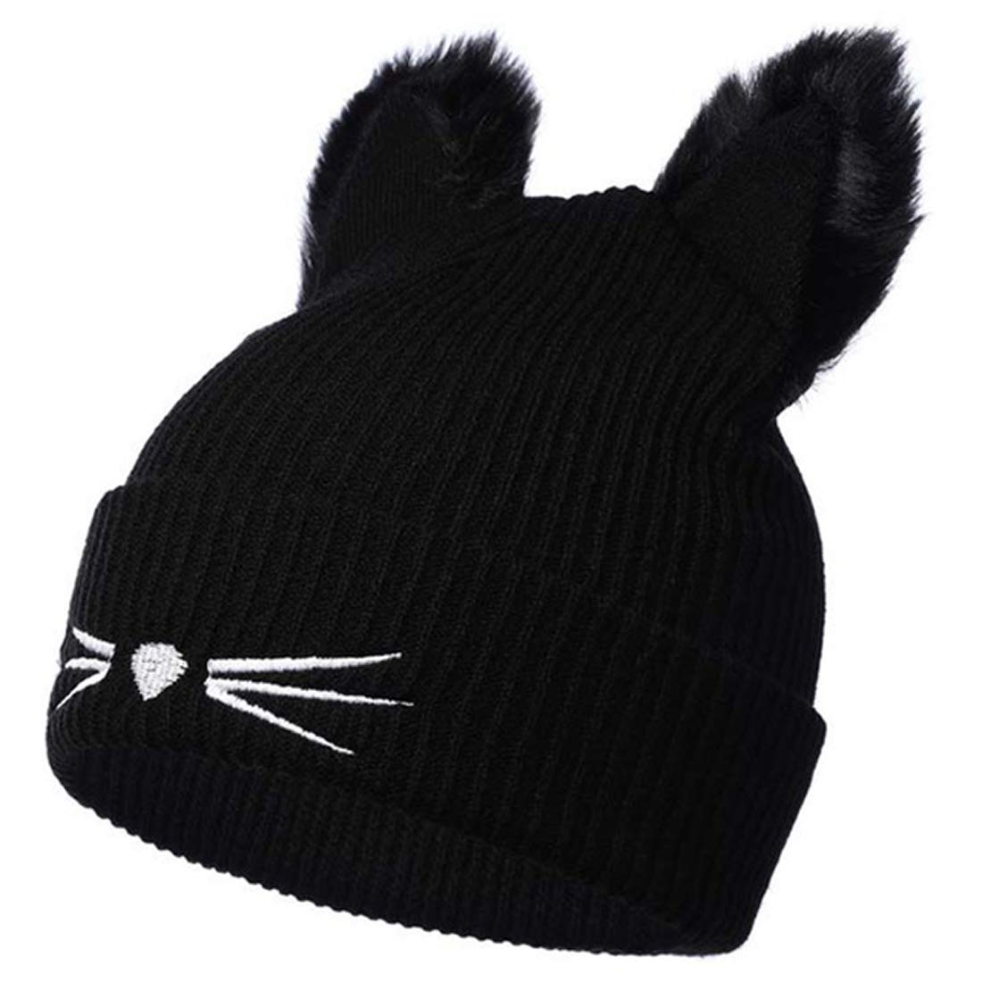 Xrdss Women's Black Girls Cat Ears Beanie Hat Winter Warm Knitted Ski Hat (Black)