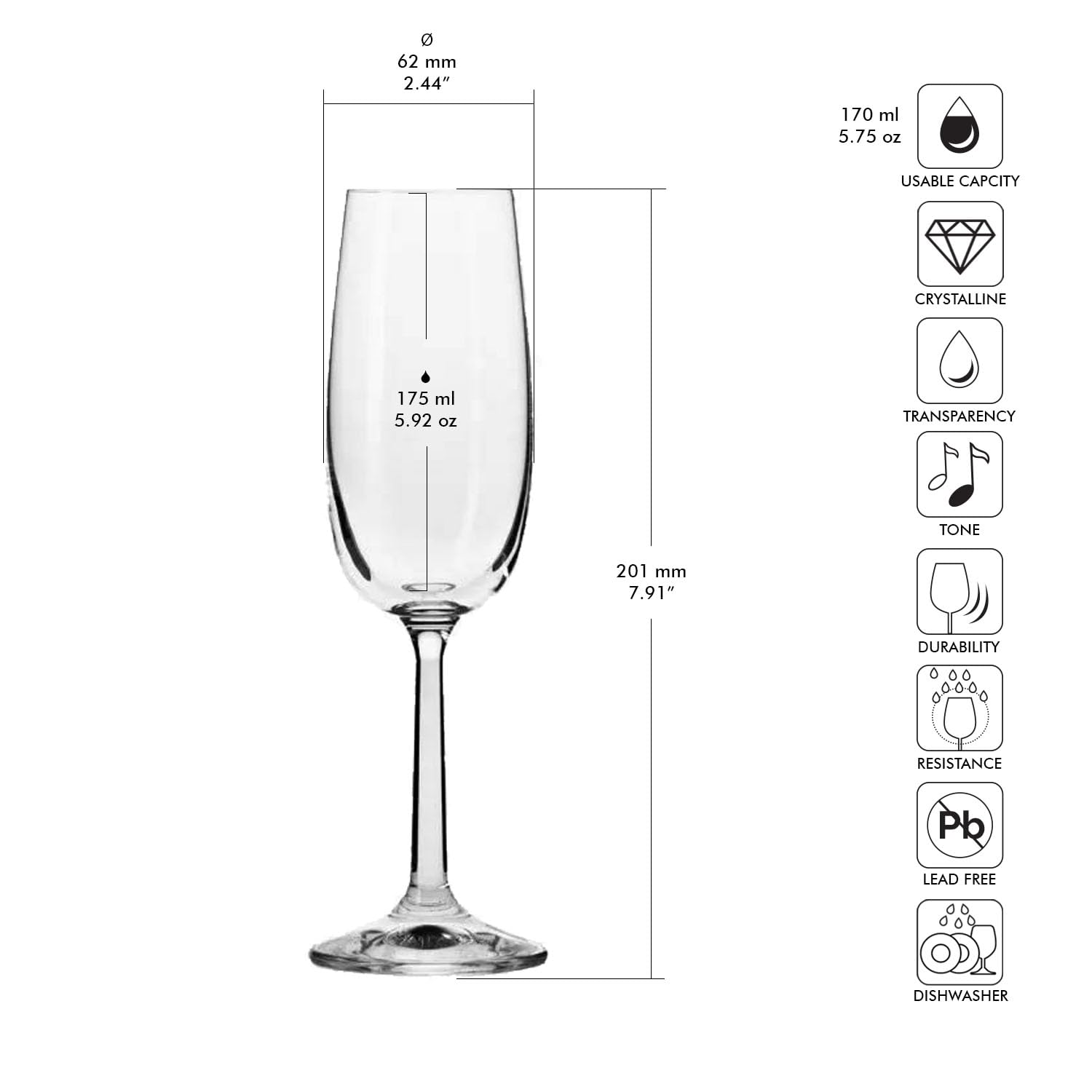 Krosno – Flûtes à Champagne et Prosecco 175 ml – Lot de 6 – Collection Pure – Cristal Sans Plomb – Silhouette Élancée, Élégante et Intemporelle