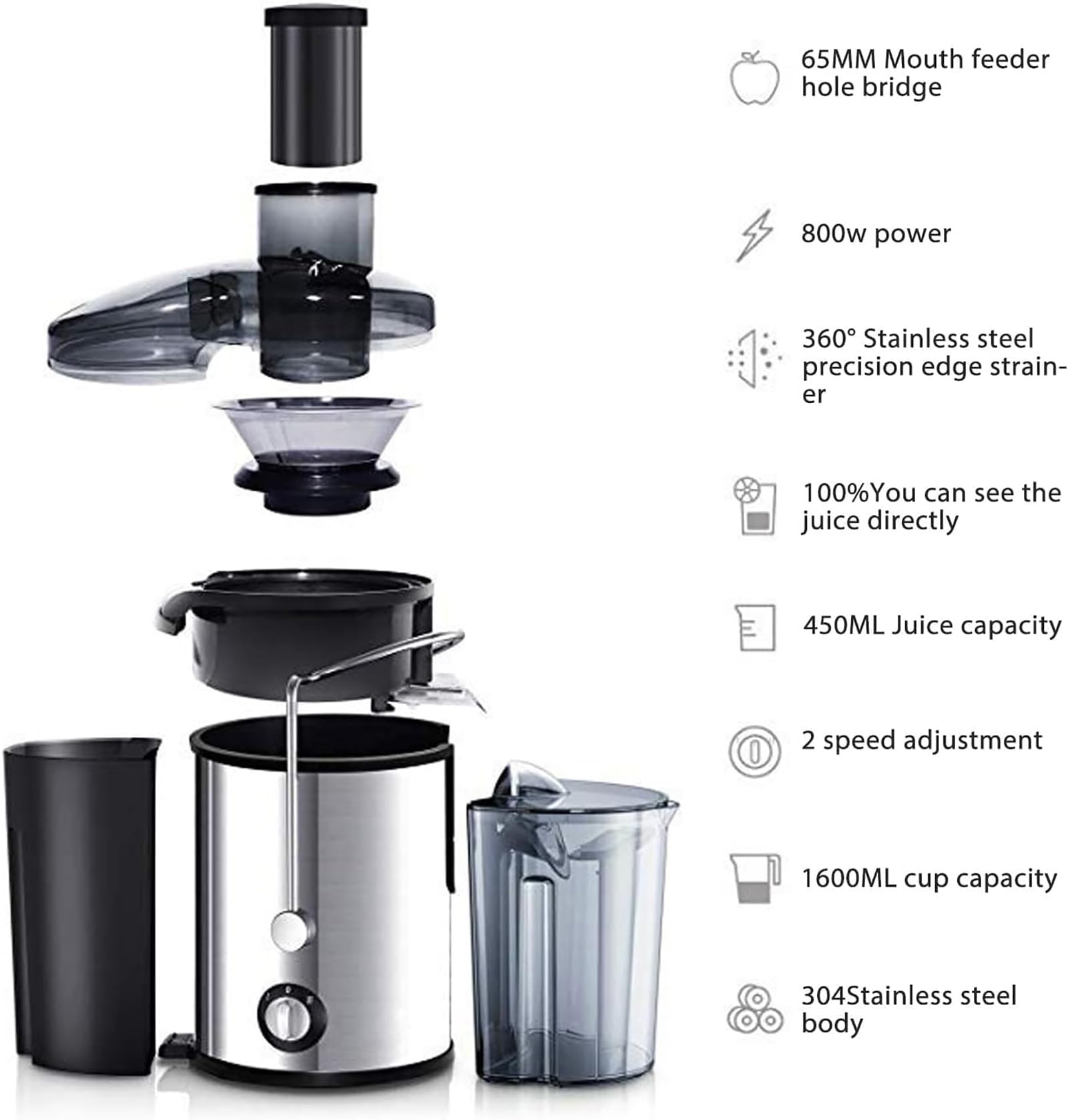 Presse-agrumes automatique, 800 W, réglage de la vitesse, protection contre la surchauffe, capacité 450 ml, pour grenades, oranges, citrons, mandarines