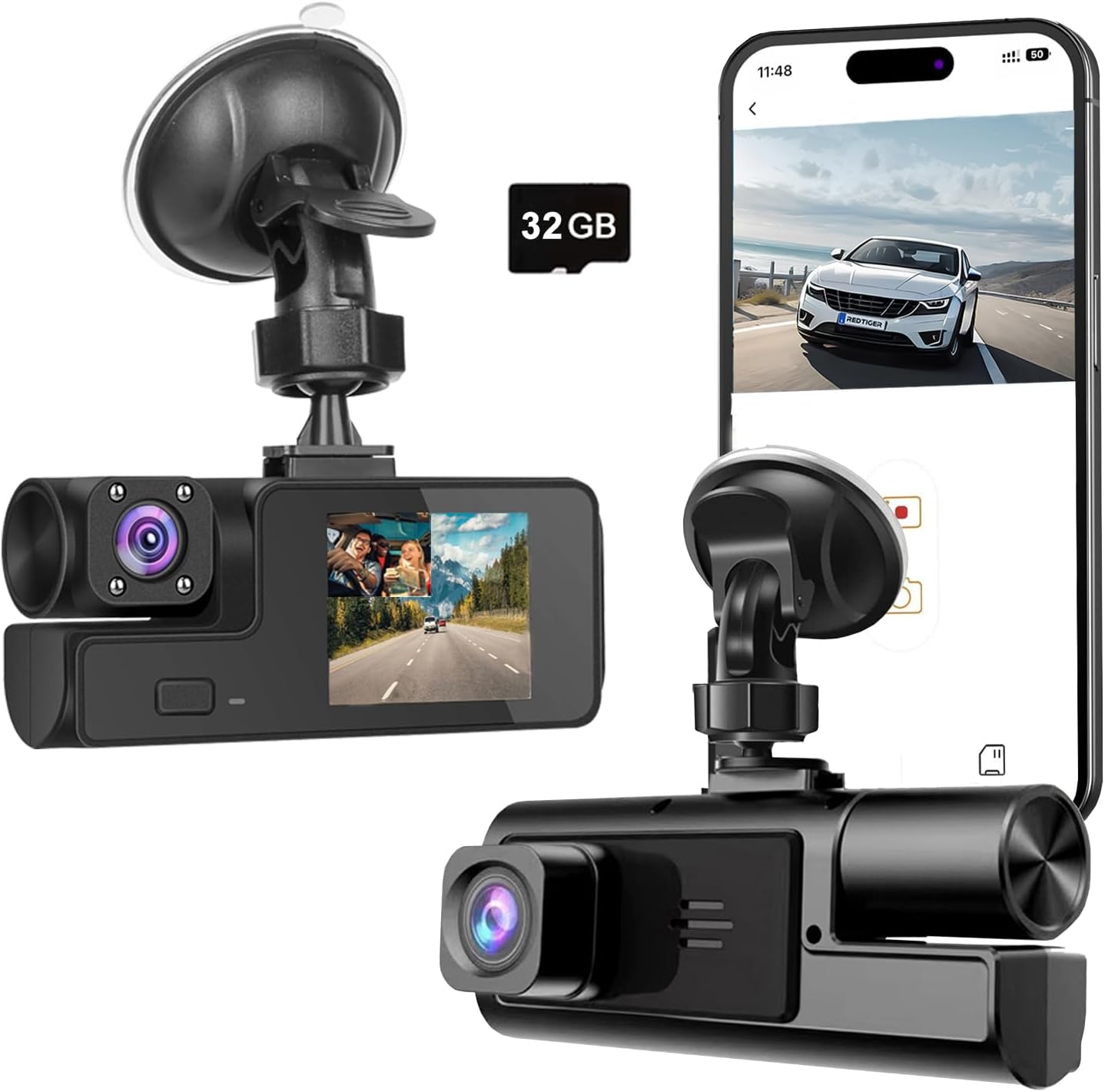 Meiqils WiFi 1080P Dual Dash Cam Front & Interior, 170° Wide Angle, Night Vision, G-Sensor, Loop Recording, 32GB Card