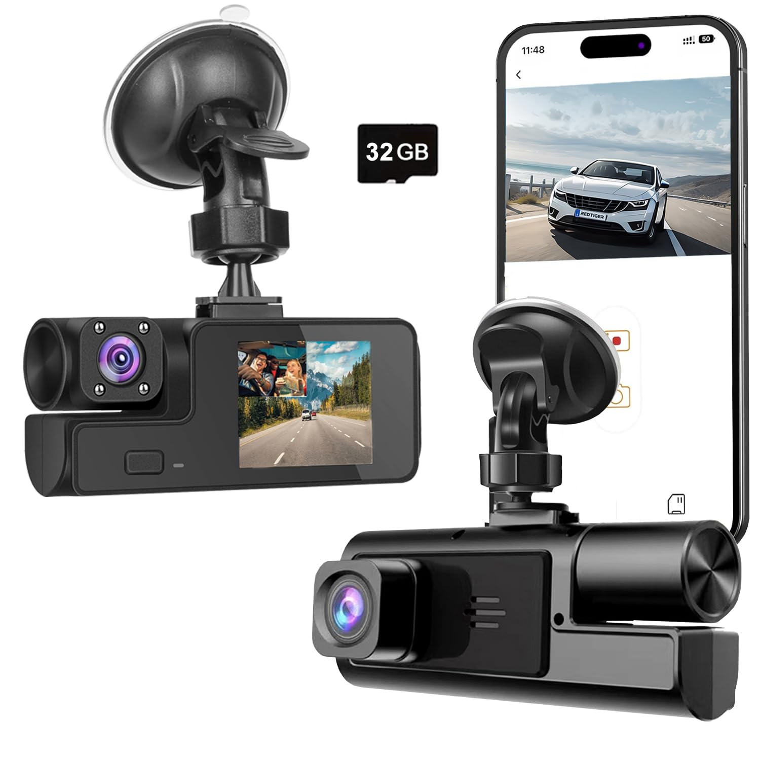 Meiqils WiFi dual dash cam front and inside with 32GB card