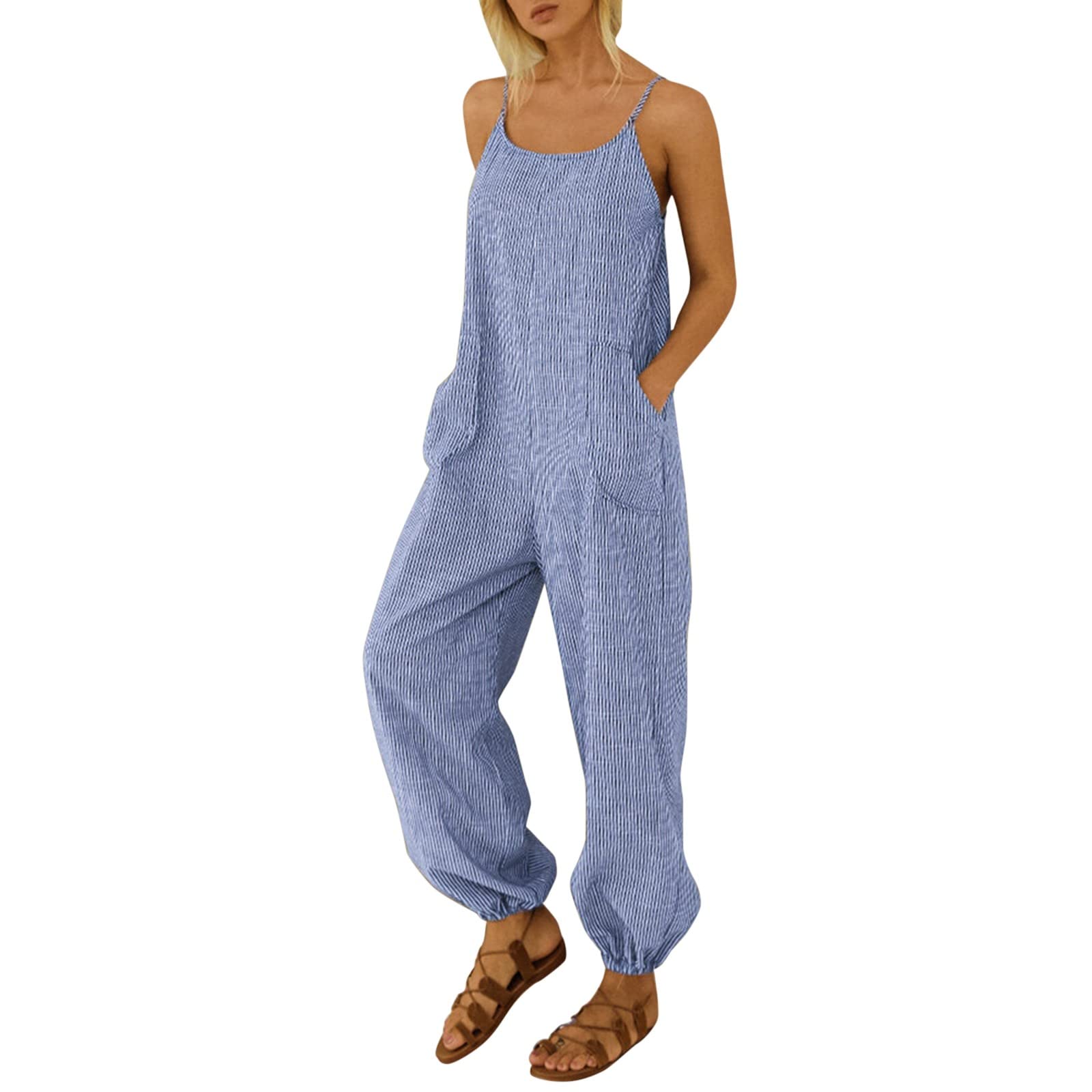 riou Mono Mujer Verano 2022 Talla Grande Casual Ajustable Correa Monos Rompers Flojo Retro Harem Mamelucos con Correas Bolsillos Laterales para Mujeres Holgado Diario S-XXXL