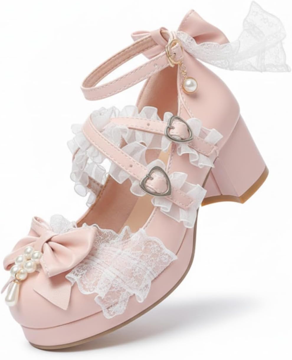 NICO×ASH Cosplay Lolita Mary Jane Shoes for Women - Cute Pink Platform Buckle Heels - Sweet Kawaii Costume Party Pumps