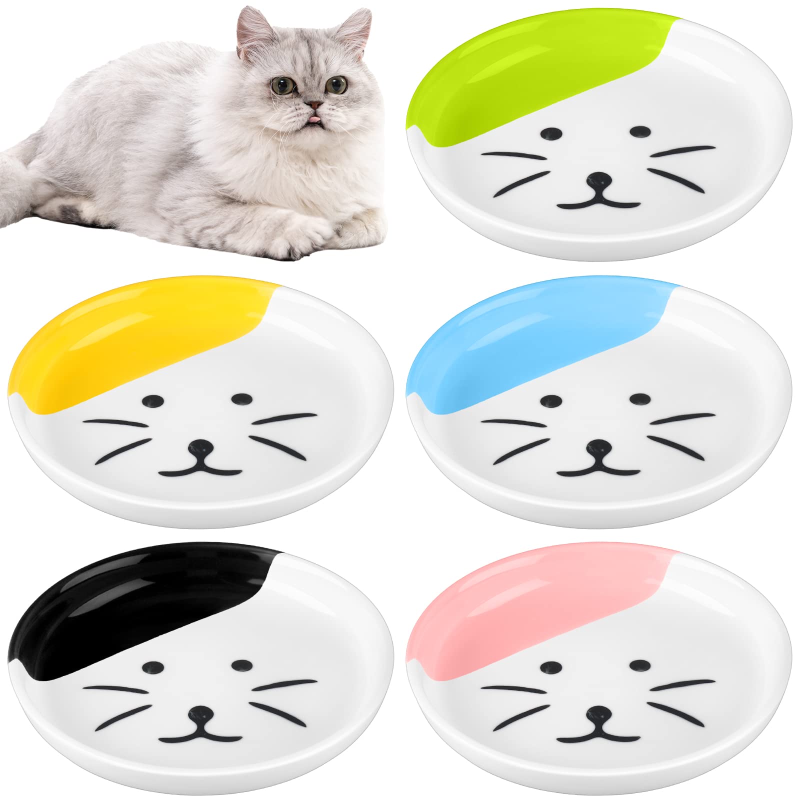 Hillban 5 Pcs Ceramic Shallow Cat Food Dish Set, 6.3'' Cat Plates for Whisker Fatigue, Cute Cat Food Plate Nonslip Flat Wide Cat Bowl Colorful Small Feeding Bowls for Indoor Cat Puppy, Dishwasher Safe