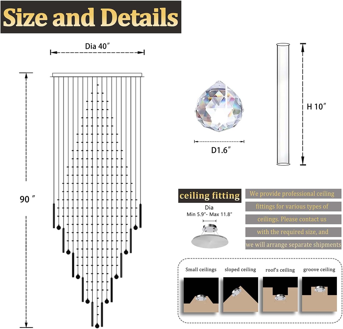 Flashing God 40''X90 Large Crystal Chandelier for High Ceiling Modern Crystal Raindrop Chandeliers Lighting Round Ceiling Light Entryway Staircase Foyer Villa LED Dimmable 2700-6000K