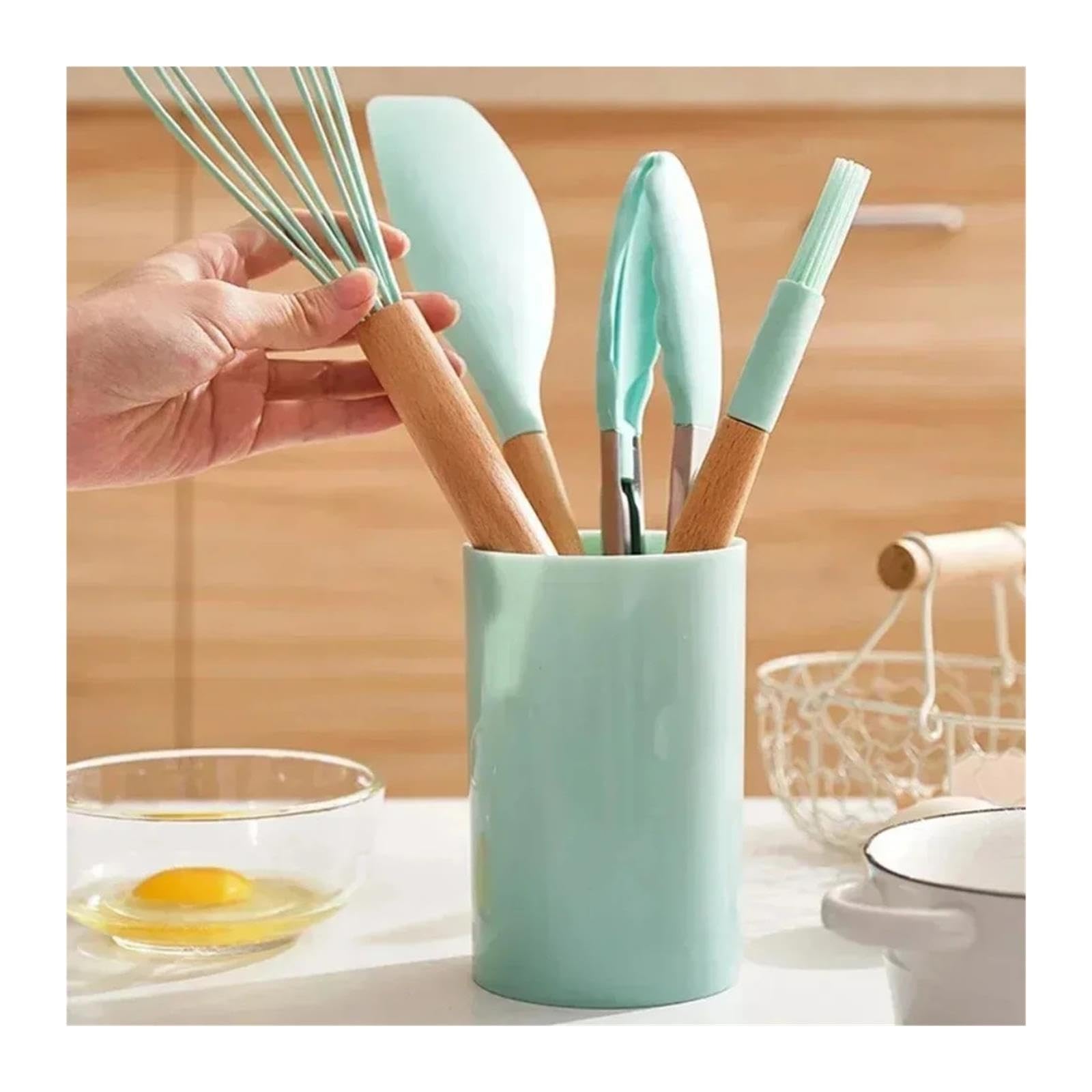 Juego de 12 utensilios cocina silicona con mango madera, antiadherentes, espátula, pala, batidores huevos(White 12Pcs)