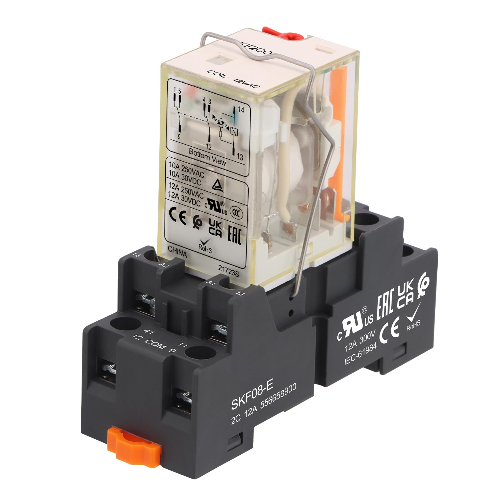 Weasch Electromagnetic Power Relay with Test Button, RKF2CO512LT, 8 Pin 12A, AC 12V Relay Coil, 2NO 2NC DPDT, with LED Indicator Light, Plug-in