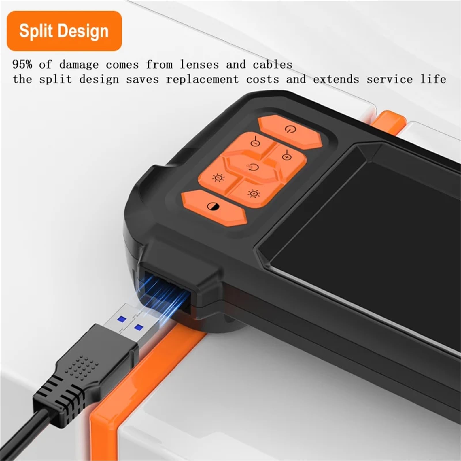Endoskopkamera mit 4,3-Zoll-Bildschirm, austauschbarem 1-100 Meter langem Starren Kabel, HD1080P-Auflösung, 8-mm-Objektiv, Rohrinspektion, USB-Anschluss, LED-Beleuchtung und 2600-mAh-Akku.