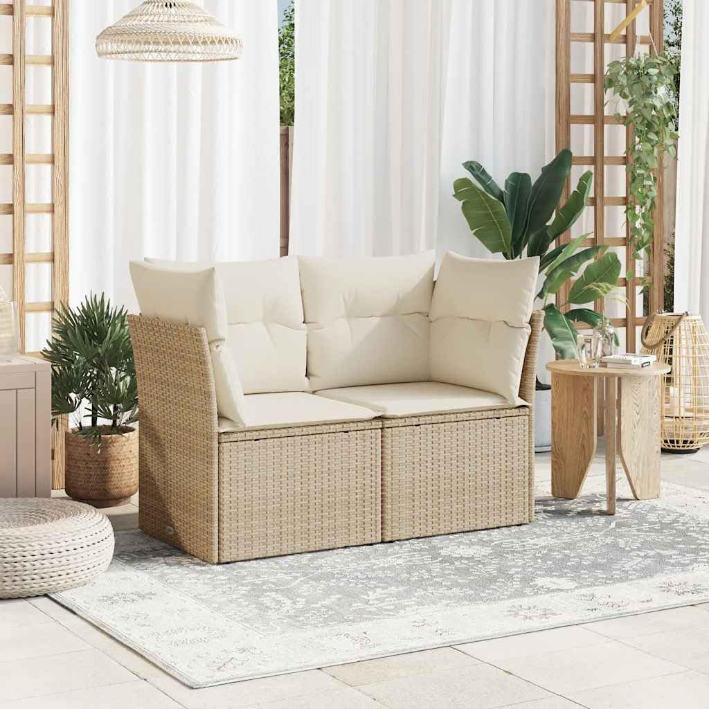 Divano da Giardino 2 Posti in Rattan PE Beige con Cuscini | Ideale per terrazzo e balcone, questo set modulare offre comodo spazio contenitore sotto la seduta per esterni.