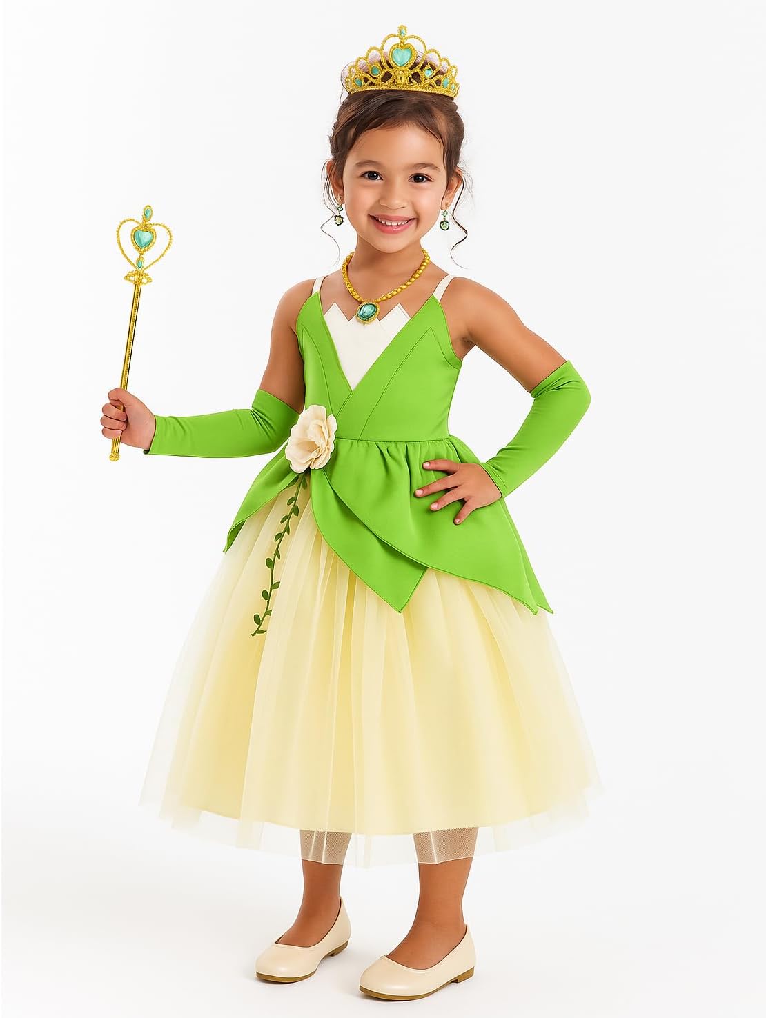 Princess Tiana Costume for Girls Green Frog Fairy Fancy Dress Halloween Birthday Party Outfits Clothes