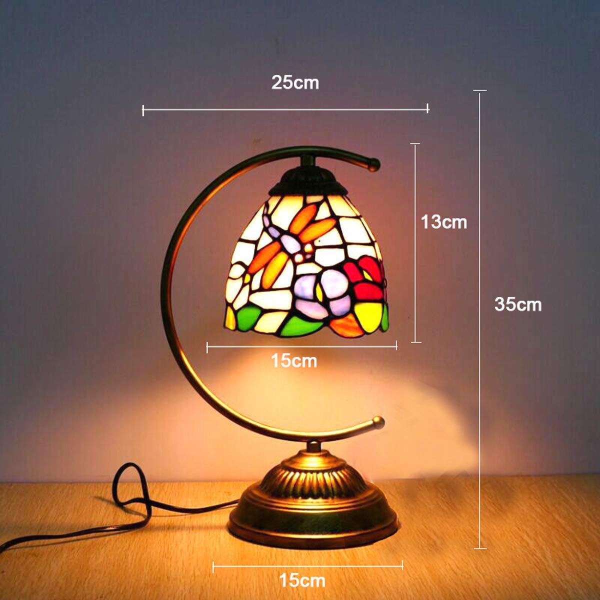 GDLight Tiffany Stil Libelle Laterne Tischlampe Vintage Handgemachte Glasmalerei Kinder Schreibtischlampe für Wohnzimmer Schlafzimmer Lesen Cafe Bar