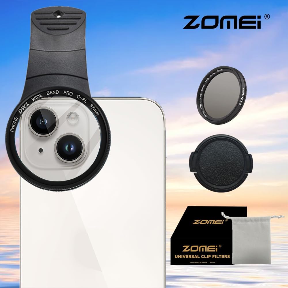 Zomei 37mm Clip On Phone Lens CPL Filter Kit, Universal Phone Camera Lens Clip with CPL Filter,Lens Cover and Bag for iPhone 16/16Pro/16Pro Max /15/14 Samsung Android Smartphones iPad and More