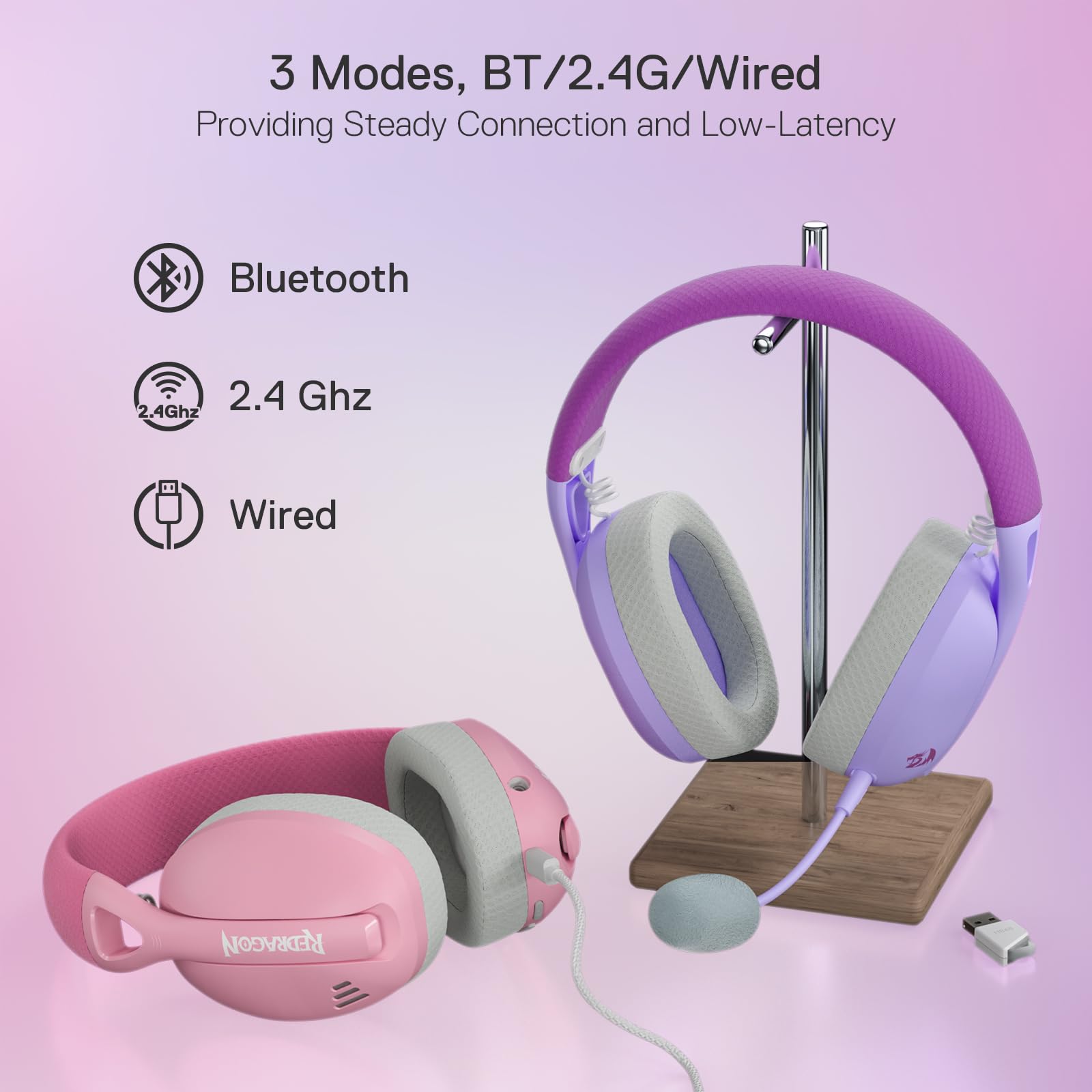 Redragon H848 Bluetooth Wireless Gaming Headset – Leggero – 7.1 Surround Sound – 40 mm driver – Microfono rimovibile – Piattaforme multiple per PC, PS5/4/3, Switch, Telefono cellulare viola