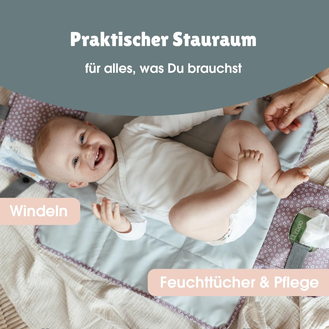 emma & noah Wickelunterlage für Unterwegs, 82x52 cm (gefaltet 25x18 cm), Abwaschbar, Wickeltasche mit Windeltasche für den Kinderwagen, Organizer für Windeln und Feuchttücher (Leo Grau)