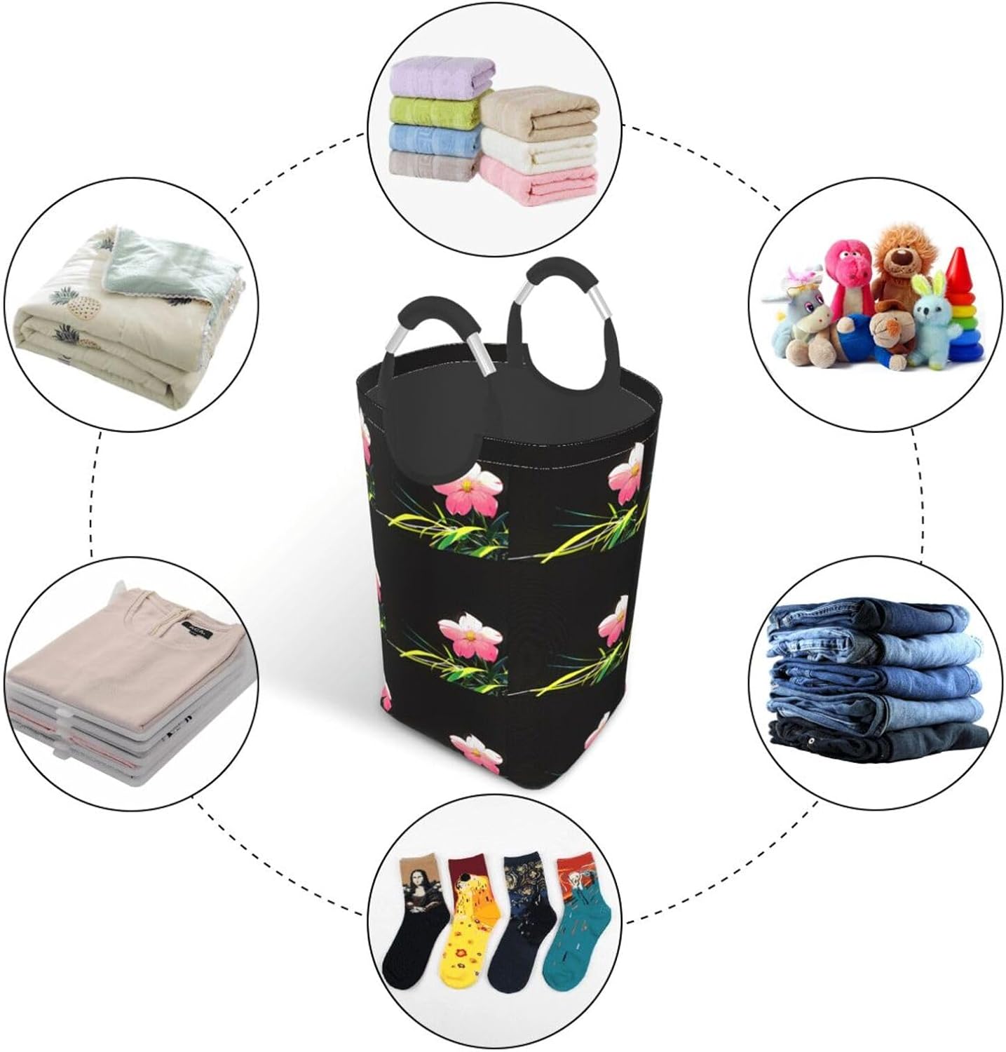 Blooming cinchona flower Foldable storage bag, 50L capacity, suitable for laundry room, dormitory bedroom, dirty clothes storage basket.