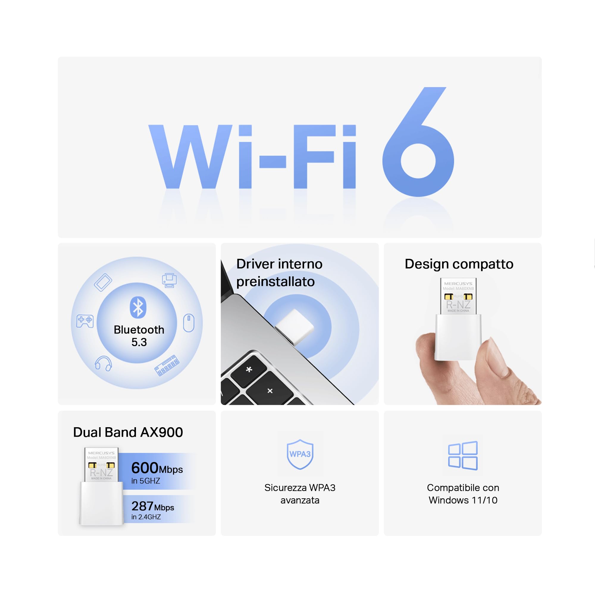 Mercusys TP-Link MA60XNB AX900 WiFi 6 USB, Bluetooth 5.3, Chiavetta WiFi per PC Fisso, Dual Band 5GHz 600Mbps + 2.4 GHz 287 Mbps, Supporta Windows 11/10, Design Nano, MU-MIMO, OFDMA, WPA3
