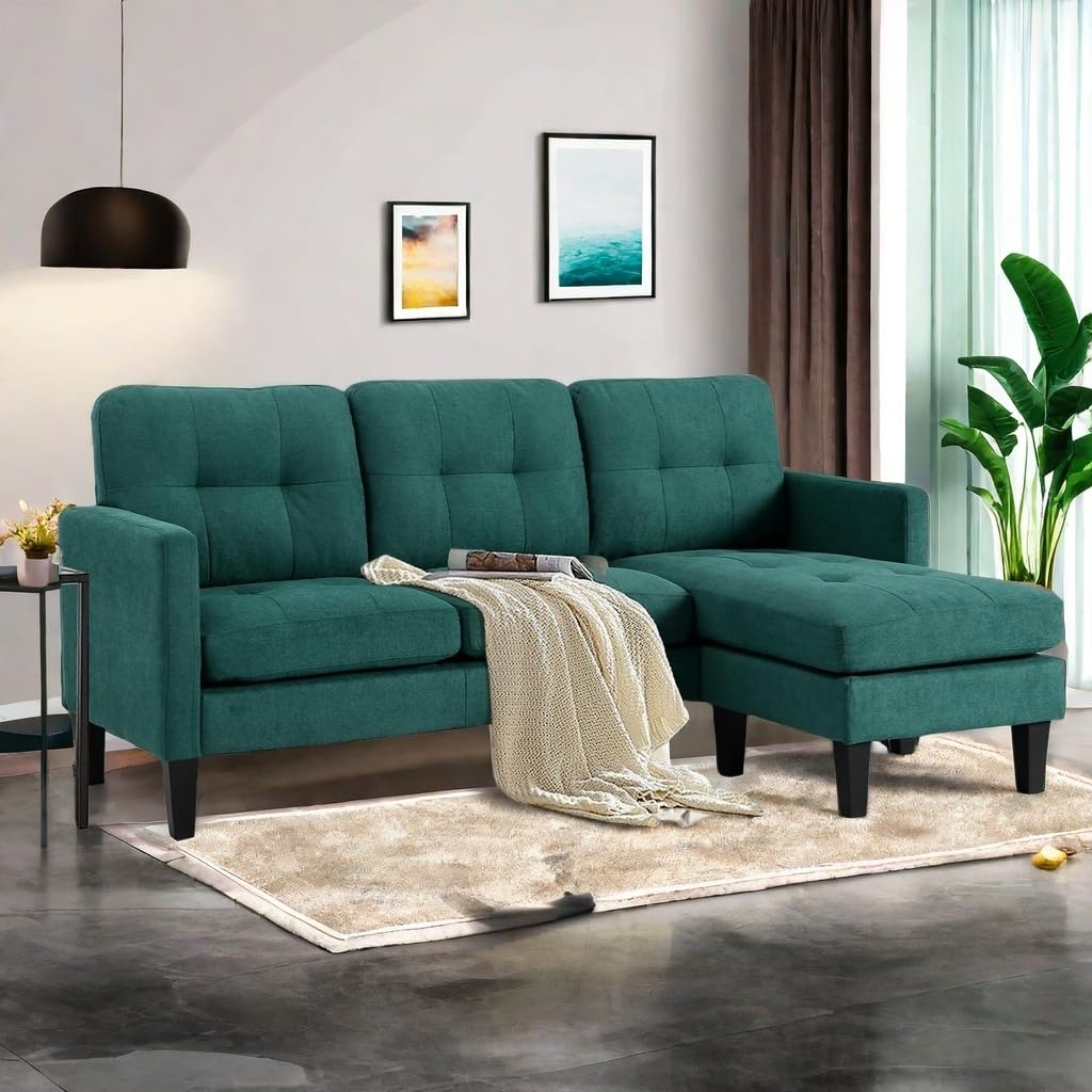 L-Shaped Sectional Sofa Futon Couch, Lounge Sofa Couch Set with Foam Cushions, Modular Cloud Sleeper Sofa Bed with Reversible Chaise for Living Room, Apartment Small Space(Green)