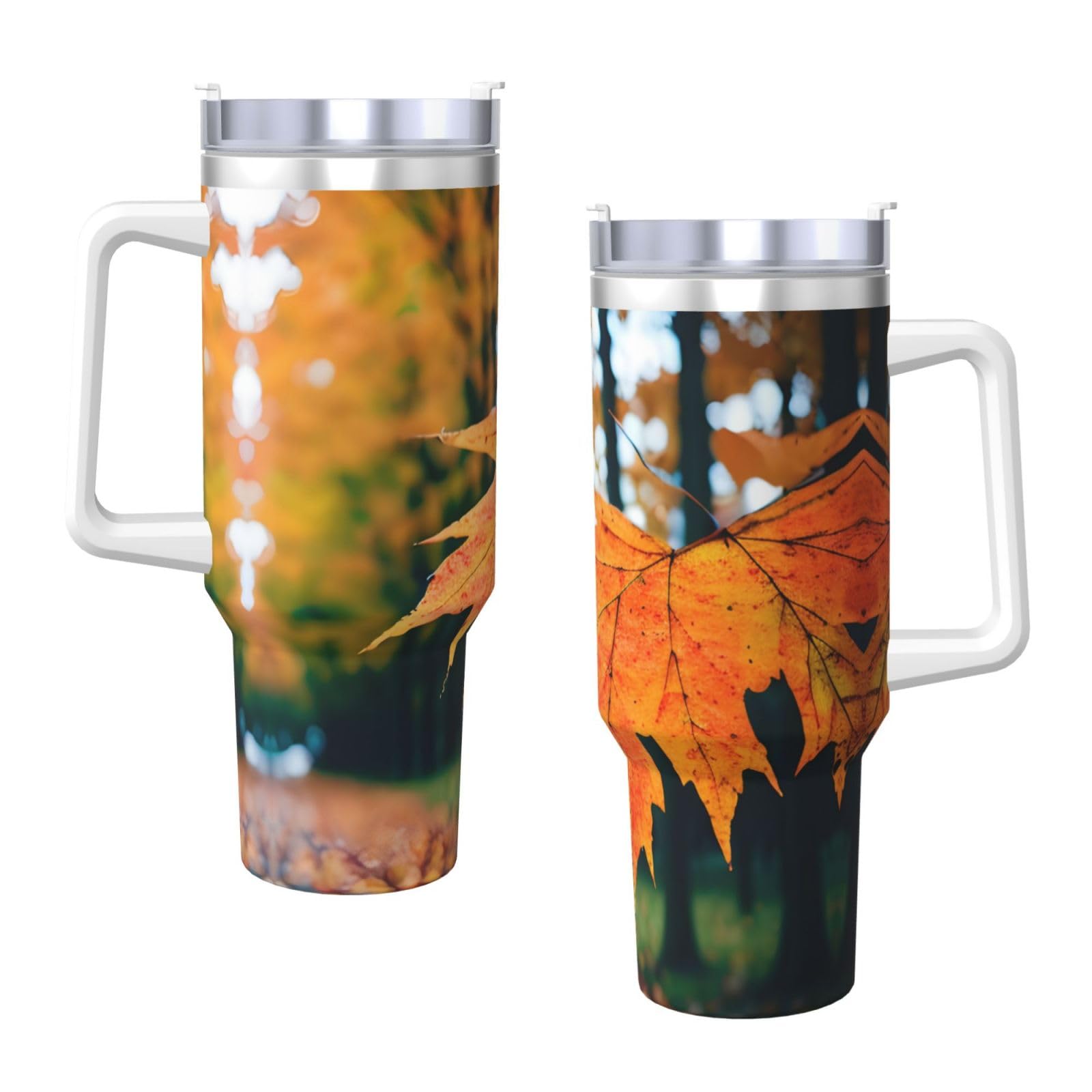 Wasserflasche mit Herbstmuster, Edelstahl, doppelwandig, isoliert, mit Griff und Strohhalm-Deckel, 1,2 l