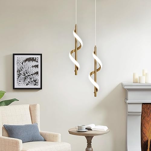 Miniatura 4 de CANEOE Luz Colgante Dorada, Iluminación Colgante LED en Espiral Moderna para Isla de Cocina, 5500K Luminaria Colgante de Techo de Latón Cepillado