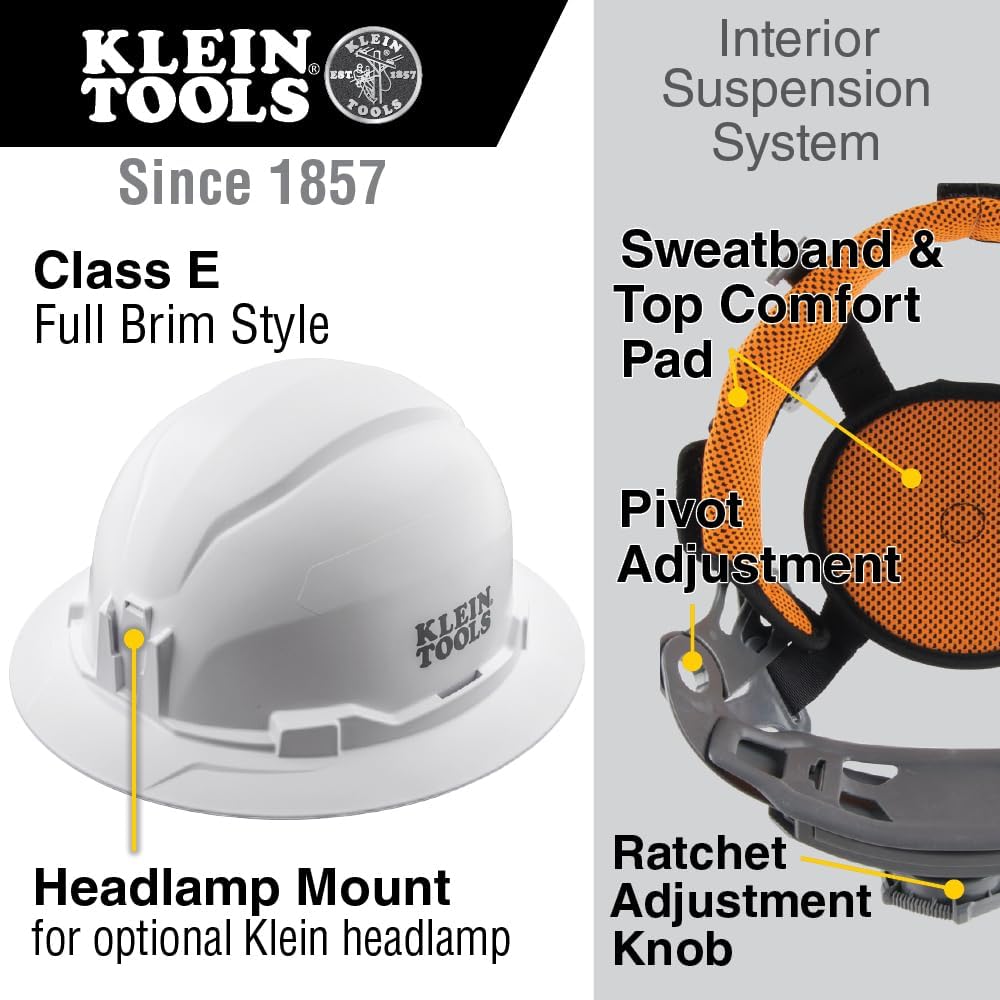 Klein Tools Hard Hat, Non-Vented Full Brim Style, Padded, Self-Wicking Odor-Resistant Sweatband, Tested up to 20kV