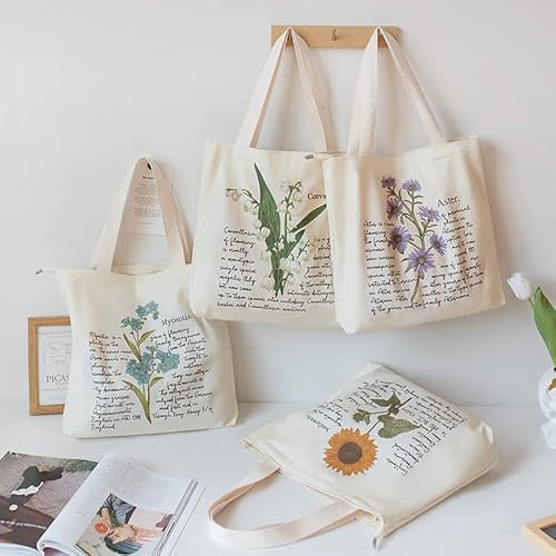 Floral Canvas Tote Bag Botanical Shopping Bag Aesthetic Flower Tote Bag Canvas Grocery Bag For Women Trendy Tote #TOP1