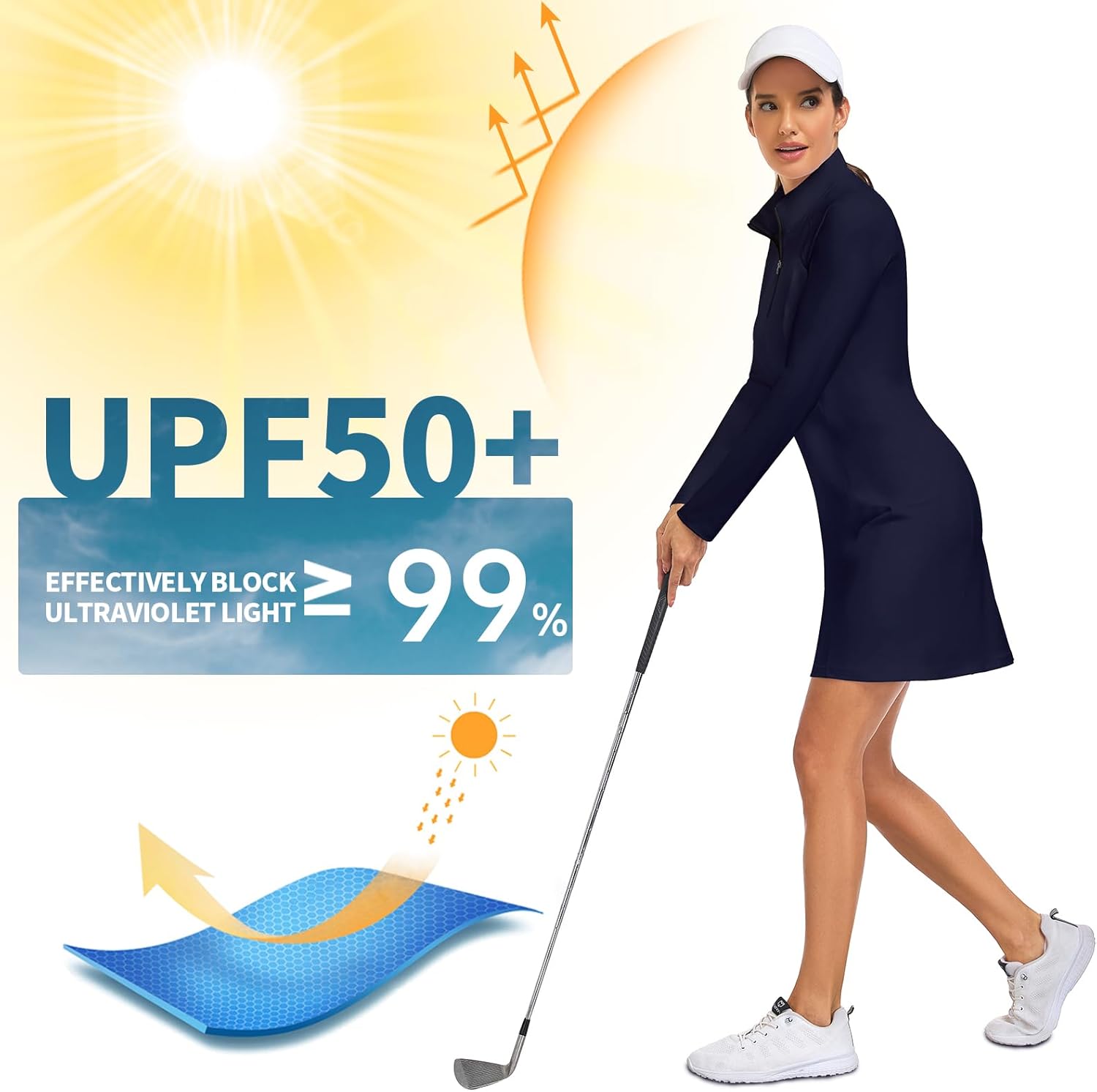 WOWENY Women's Tennis Dress Long Sleeve Golf Dresses with Shorts Zip Front Golf Outfits UPF 50+ Workout Athletic Dresses - Image 6